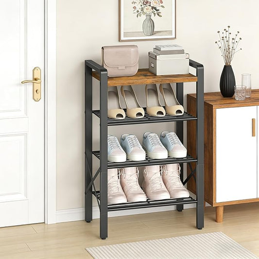 4-Tier Narrow Shoe Rack, Tall Shoe Rack for 4-8 Pairs, Slim Shoe Storage Organizer with Wooden Top, Space Saving, Metal Frame, for Entryway, Rustic Brown and Black SS64BR