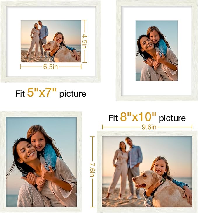 Vittanly 8x10 Picture Frames Set of 4, Display Pictures 5x7 with Mat or 8x10 without Mat, Gallery Frame Set for Wall or Tabletop Display, Engineered Wood with Shatter Resistant Plexiglass, Whitemist