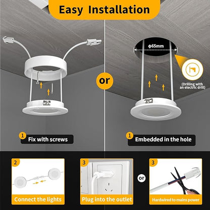 WOBANE LED Puck Lights,Hardwired Under Cabinet Lighting with Switch,DIY Shelf Light for Kitchen,Display,Bookcase,Pantry,Linkable,Recessed & Wall Plug in,Warm White 3000K,120V,Set of 3