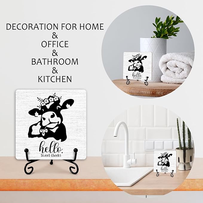 Hello Sweet Cheeks Bathroom Sign With Iron Support, Home Toilet Desk Bathroom Decor Wood Sign Restroom Bath Shelf Cow Decor Farmhouse Housewarming Gifts Table Centerpiece - (a014)