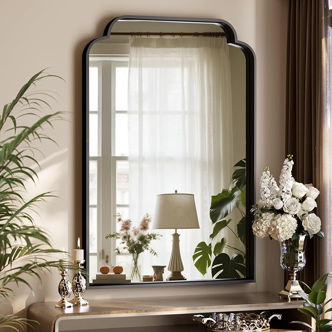 GLSLAND 30"x40" Petal Arch Bathroom Mirror, Modern Metal Frame Vanity Mirror with Scalloped Edge for Over Sink, Bedroom, Living Room, Entryway, Decorative Wall Mirror, Black