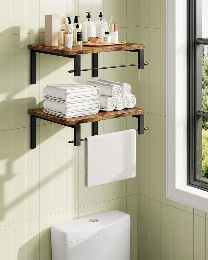 Deep Floating Shelves for Wall, 12 inch Wall Mounted Shelves Set of 2, Wide Floating Shelves for Living Room, Bedroom, Study, Bathroom, Rustic Brown and Black TBJ02P2BF