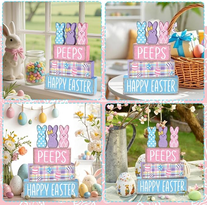 DIYDEC 6Pcs Easter Tabletop Decorations Colorful Bunny Wooden Block Signs Gift Rustic Tiered Tray Decor Happy Easter Centerpiece Farmhouse Wood Rabbit Table Sign for Kitchen Home Office Party Decor
