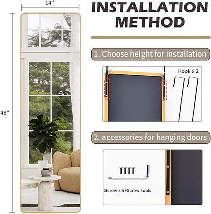 Full Length Door Mirror 14x48, Metal Frame with Protective Film, No-Drilling Hanging or Wall Mount (Horizontal/Vertical), Hooks & Hardware Included, Full Body Mirror for Bedroom, Dorm, Gold