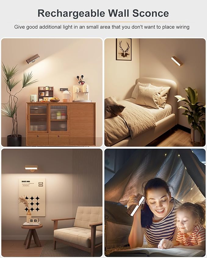 Wooden Wall Sconce Battery Operated with Remote,Rechargeable Wall Lights for Bedroom with 3 Color Temperature, Magnetic, Stick-On, Dimmable Wall Reading Lights (Walnutwood, 2 Pack)