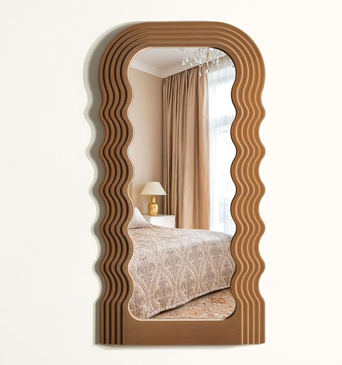Wavy Wall Mirror for Cozy Home Decor, 14x28 Arched Wall Mounted Mirror with Velvet Touch for Girly Bedroom Decoration, Unique Home Accent for Modern Room Aesthetics (Brown)