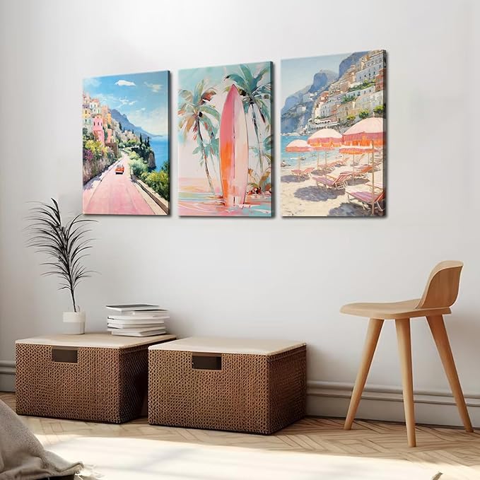 Pink Beach Wall Art Set of 3, Preppy Coastal Wall Decor Paintings, Italy Amalfi Coast Poster Canvas Prints, Beachy Surf Pictures Aesthetic for Teen Girls Bedroom Living Room Dorm 12x16 inch Framed