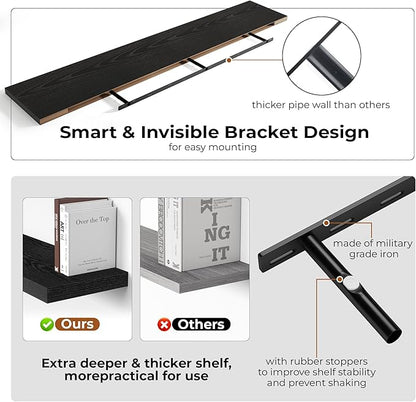 Fun Memories 72 Inch Floating Shelves for Wall, Fireplace Mantel Shelf with Invisible Heavy Duty Bracket, 8 Inch Deep Storage Shelf for Living Room, Kitchen, Farmhouse, Black