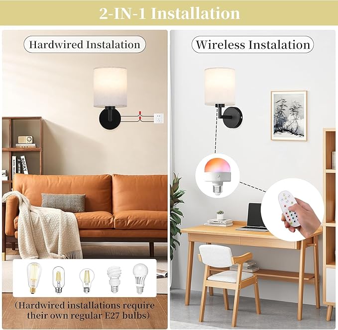 Wireless Wall Sconce Set of 2,Battery Operated Wall Lights with Remote Control,Rechargeable Wall Sconces with LED Bulb,15 Colours Dimmable Wall Lamp for Bedroom Living Room Hallway