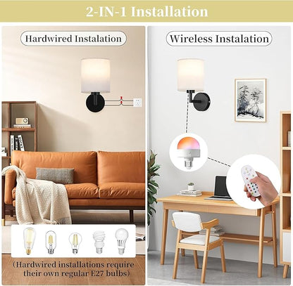 Wireless Wall Sconce Set of 2,Battery Operated Wall Lights with Remote Control,Rechargeable Wall Sconces with LED Bulb,15 Colours Dimmable Wall Lamp for Bedroom Living Room Hallway
