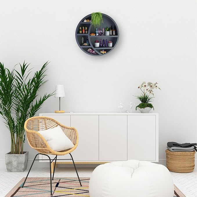 Wooden Crescent Moon Shelf Wall Decor - Decorative Boho Home Hanging Display Shelf for Bedroom, Dorm, Nursery - Easy Mount Storage for Crystals and Essential Oils - 14 x 14 x 3.5 (Navy)