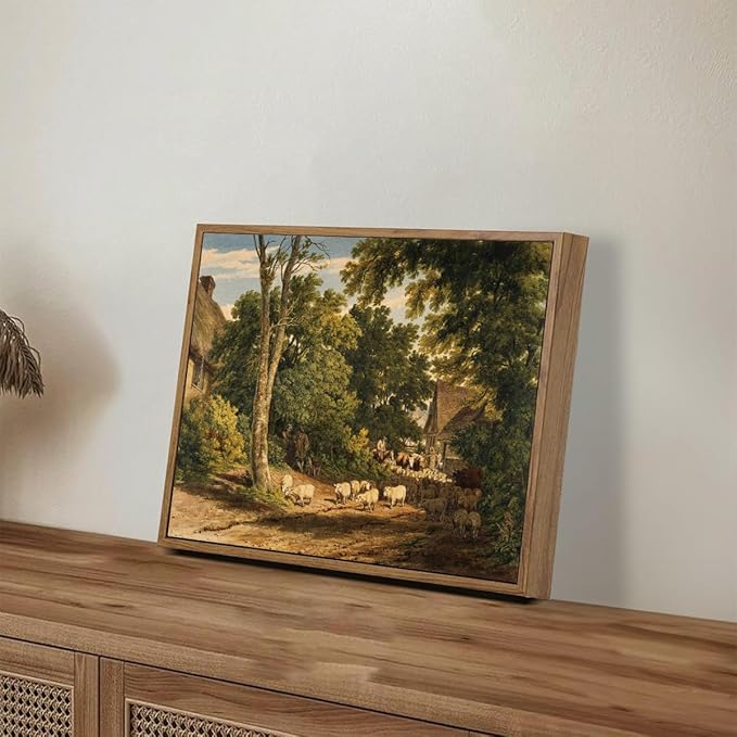 OIQArtOIQ Vintage Framed Wall Art Rural Farm Scene Canvas Art Prints Countryside Landscape Pictures Wall Decor Modern Rustic Farmhouse Paintings Artwork For Bedroom Bathroom Office Living Room