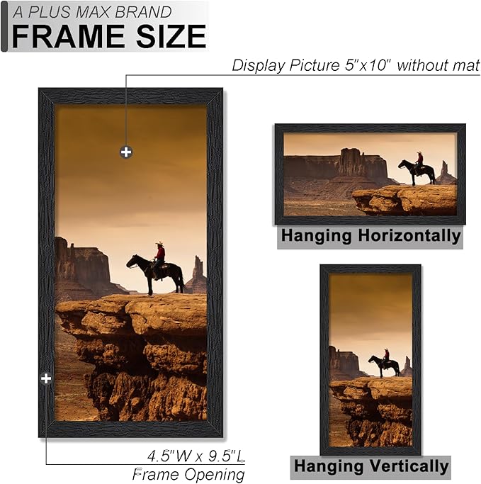 A PLUS MAX 5x10 Picture Frame Set of 2, Black Engineered Wood Frame for 5 x 10 Inch Picture Poster Photo, Light Weight 5 by 10 Frame with Wood-grain for Wall - 2 Pack/Black/5