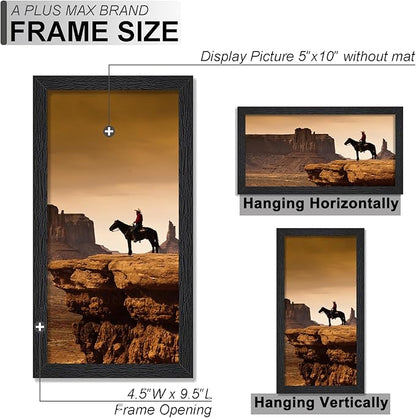 A PLUS MAX 5x10 Picture Frame Set of 2, Black Engineered Wood Frame for 5 x 10 Inch Picture Poster Photo, Light Weight 5 by 10 Frame with Wood-grain for Wall - 2 Pack/Black/5"x10"