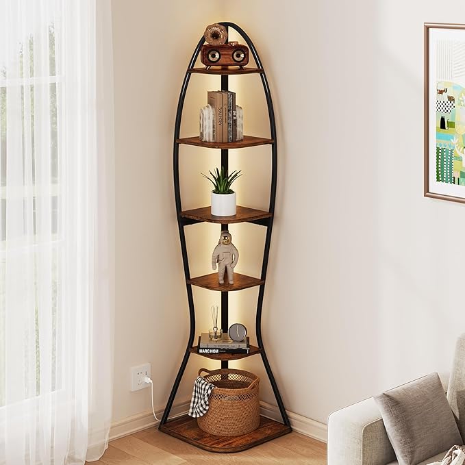 Artistic Fish-Inspired Corner Shelf with LED Lights, 6-Tier Tall Corner Bookshelf with Multi-Depth Display, Space-Saving Storage Unit with Remote Control for Bedroom & Living Room