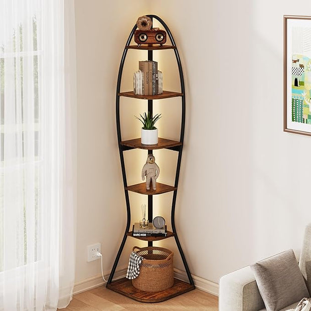 Artistic Fish-Inspired Corner Shelf with LED Lights, 6-Tier Tall Corner Bookshelf with Multi-Depth Display, Space-Saving Storage Unit with Remote Control for Bedroom & Living Room