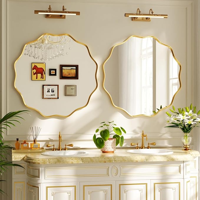 24 Inch Scalloped Round Wall Mirror, Gold Wavy Edge Frame Circle Mirror for Bathroom, Bedroom, Entryway, Living Room for Wall Decor