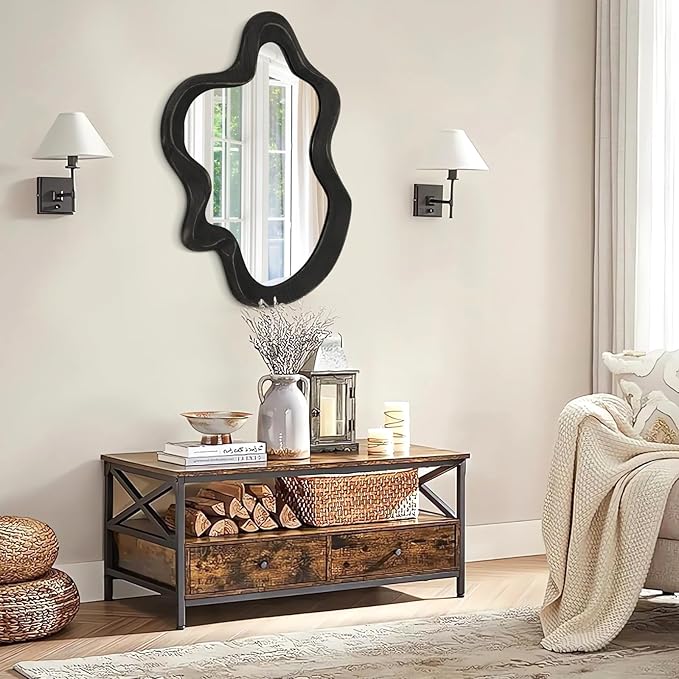 Large Irregular Wavy Mirror Modern Cloud Wall Mirror Asymmetrical Wooden Framed Wall Mirror Wall Mounted Unique Shape Vanity Artistic Mirror Decor for Bedroom Living Room Bathroom Entryway