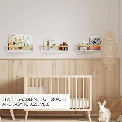 Decorative Nursery Bookshelves for Kids - Set of 3 Easy to Install Floating Shelves for Wall Mount - Beautiful Hanging Organizer Furniture for Your Baby Boy or Girl's Bedroom and Play Room Decor