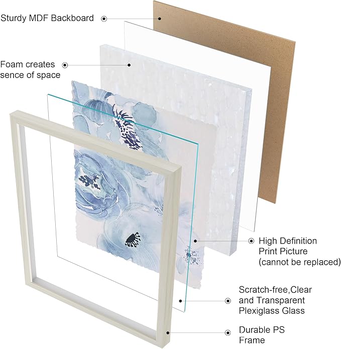 ArtbyHannah Framed Bathroom Wall Art Decor, 8x10 Inch 3D Light Blue Watercolor Florals with Torn Edge Floating Effect, Moisture Proof Prints Pictures Artwork for Bathroom, Bedroom Decor (2 Pack)