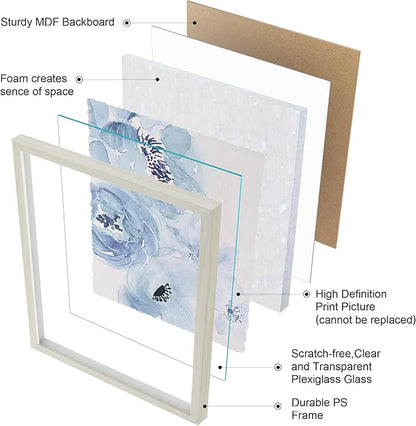 ArtbyHannah Framed Bathroom Wall Art Decor, 8x10 Inch 3D Light Blue Watercolor Florals with Torn Edge Floating Effect, Moisture Proof Prints Pictures Artwork for Bathroom, Bedroom Decor (2 Pack)