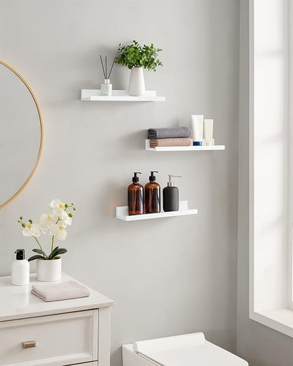 SONGMICS Floating Shelves, Set of 3 Wall Shelves, 15-Inch Wide, for Photo Frames and Trinkets, for Living Room, Home Office, Kitchen, Bathroom, White ULWS38WT