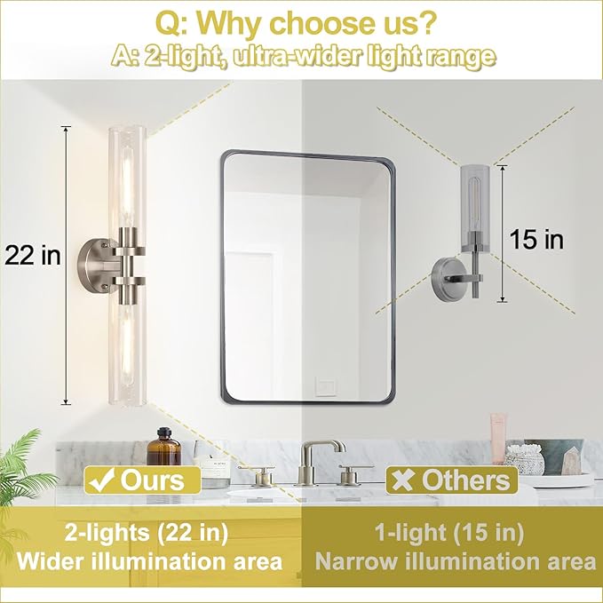 Wall Sconces Set of Two, Hardwired Brushed Nickel Bathroom Sconces Wall Lighting with Clear Glass, Modern Sconces Wall Decor Set of 2 Bathroom Light Fixtures for Mirror Hallway (Bulbs Not Included)