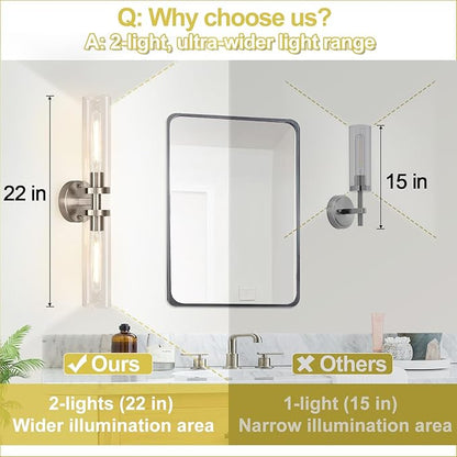 Wall Sconces Set of Two, Hardwired Brushed Nickel Bathroom Sconces Wall Lighting with Clear Glass, Modern Sconces Wall Decor Set of 2 Bathroom Light Fixtures for Mirror Hallway (Bulbs Not Included)