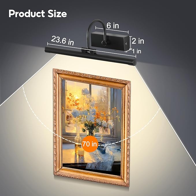 24" Picture Light for Wall Black Rechargeable Wireless Remote Lights Dimmable LED Art Painting Light with 3 Color Temp Display for Gallery Artwork Paintings Portraits Dartboards Display