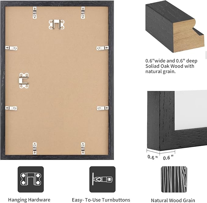puthiac 12x18 Solid Oak Wood Picture Frame, Fits 8x12 with Mat or 12x18 Without Mat, Wall Display Only, Vertical or Horizontal, Plexi Front, 3 Pack, Black