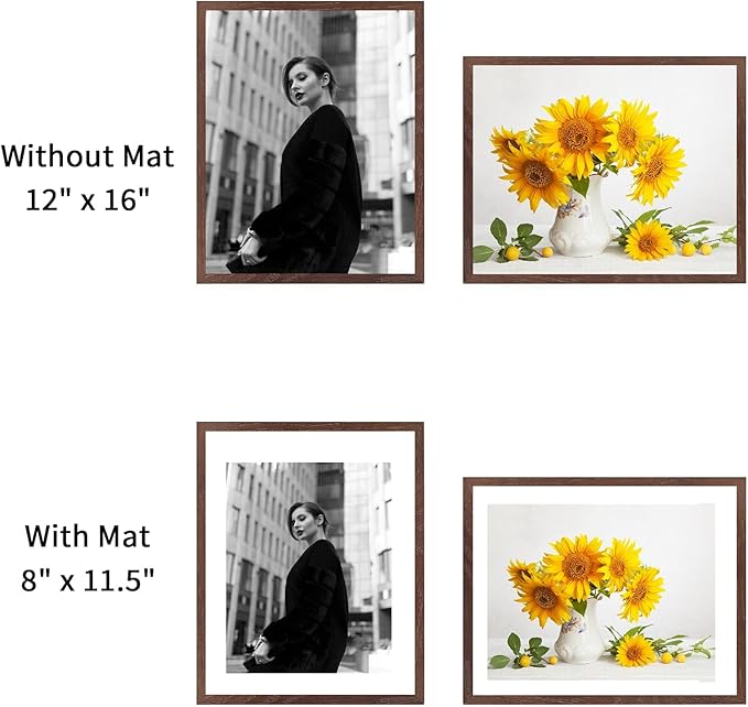 puthiac 12x16 Solid Oak Wood Picture Frame, Fits 8x12 with Mat or 12x16 Without Mat, Wall Display Only, Vertical or Horizontal, Plexi Front, 1 Pack, Walnut