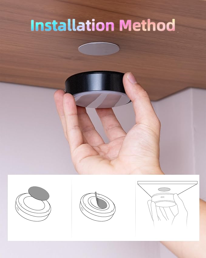 HOLKPOILOT Puck Lights with Remote, Under Cabinet Lights,2000mAh Battery Operated Closet Lights, Magnetic Under Cabinet Lighting Wireless, 3 Color Temps &7 RGB Colors, Black Rechargeable Puck Lights.