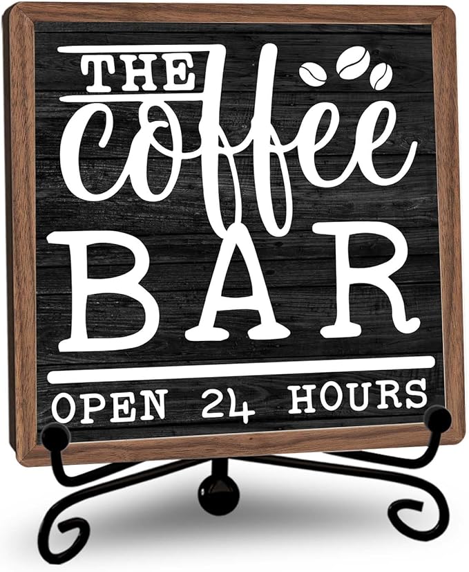 Farmhouse Coffee Bar Decor, Open Time Wooden Signs for Home Office Desk Shelf, Rustic Tabletop Centerpieces for Kitchen Accessories - A05