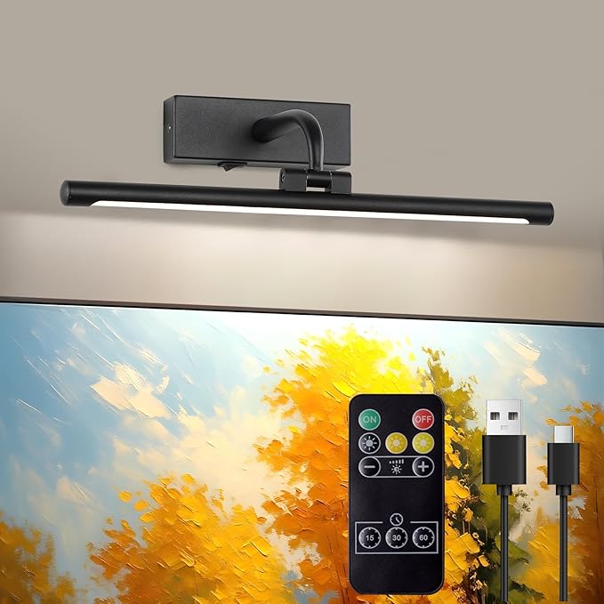 Wireless Picture Light for wall Battery Operated Rechargeable Art Lights Dimmable Painting Lights Black Gallery Light with Remote Wall Lights for Display, Artwork, Portrait (15.94Inch)