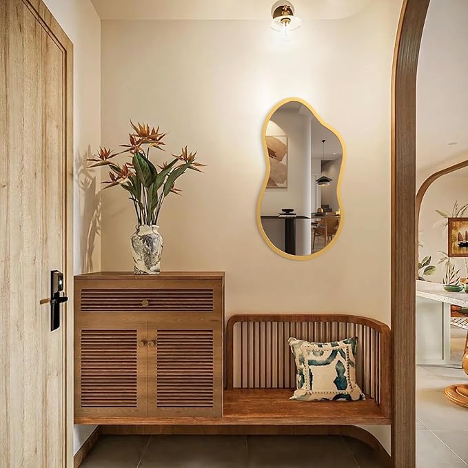 AAZZKANG Gold Asymmetrical Mirror with Wooden Frame Irregular Decorative Wall Mirrors for Bedroom Dressing Room Living Room Bathroom Entryway Small