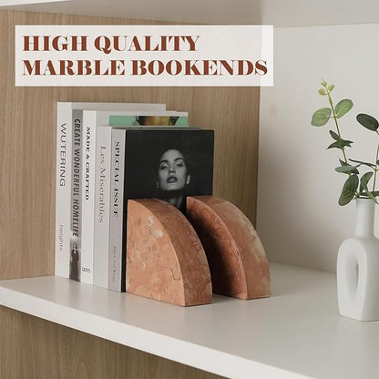 Marble Bookend for Shelves, Non-Skid Bookends for Heavy Books, Heavy Duty Book Stopper for CDs, Luxury Book Shelf Holder, Quarter Circle Design Book Ends Decorative, Perlino Rosato, Set of 2