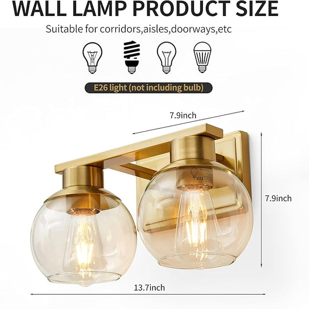 PAZALA 2 Light Vanity Lights, Brushed Brass Bathroom Wall Sconce Light with Globe Glass Shade, Bathroom Light Fixture Over Mirror for Bedroom, Living Room, Hallway (E26 Base)