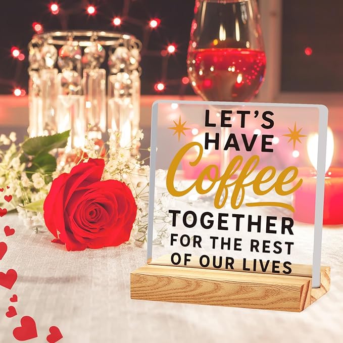 Rustic Valentines Desk Decor for Coffee Bar Porch Tiered Tray, Happy Valentine's Day Home Office Table Sign for Shelf Party, Let's Have Coffee Together