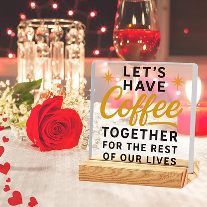 Rustic Valentines Desk Decor for Coffee Bar Porch Tiered Tray, Happy Valentine's Day Home Office Table Sign for Shelf Party, Let's Have Coffee Together