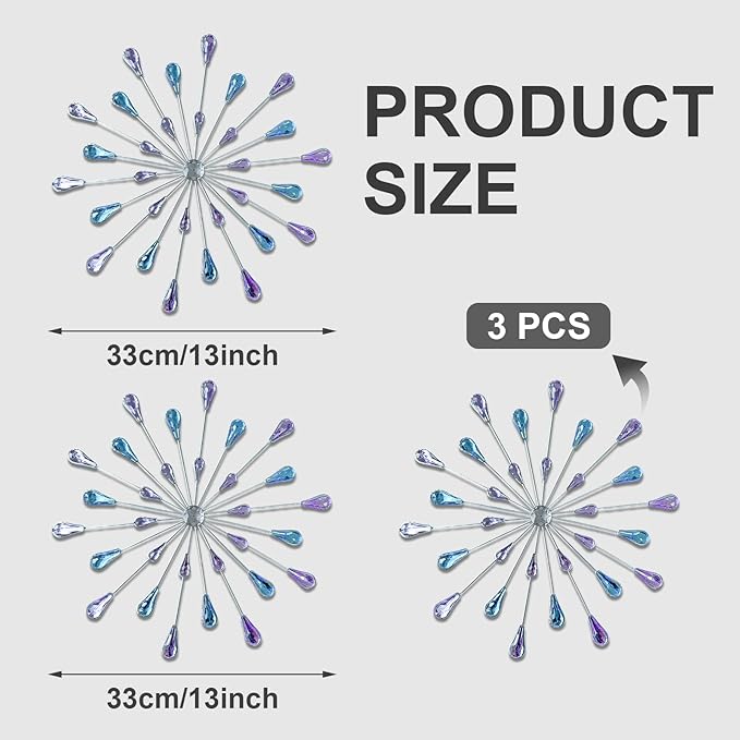 ZEXUIRU 3 Pack Silver Sunburst Wall Decor – Metal Crystal Wall Art with Sparkling Rhinestones, 14’’/18 Inch Starburst Wall Hanging Set for Living Room Bedroom Bathroom – Modern Bling Home Decorations