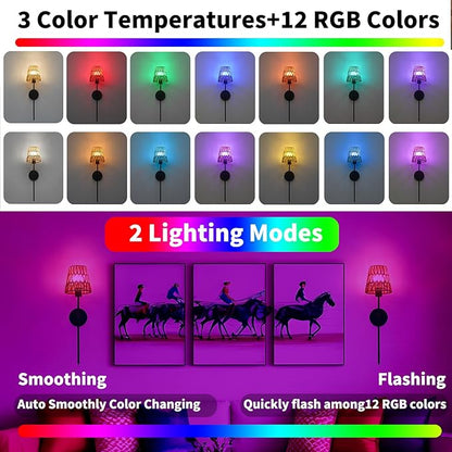 Boho Battery Operated Wall Sconce Set of 2, Black Rattan Rechargeable Wall Lights with Dimmable Bulbs and Remote,15 Colors Wireless Wall Lamps for Bedroom Living Room Hallway Decor