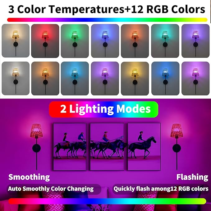 Boho Battery Operated Wall Sconce Set of 2, Black Rattan Rechargeable Wall Lights with Dimmable Bulbs and Remote,15 Colors Wireless Wall Lamps for Bedroom Living Room Hallway Decor