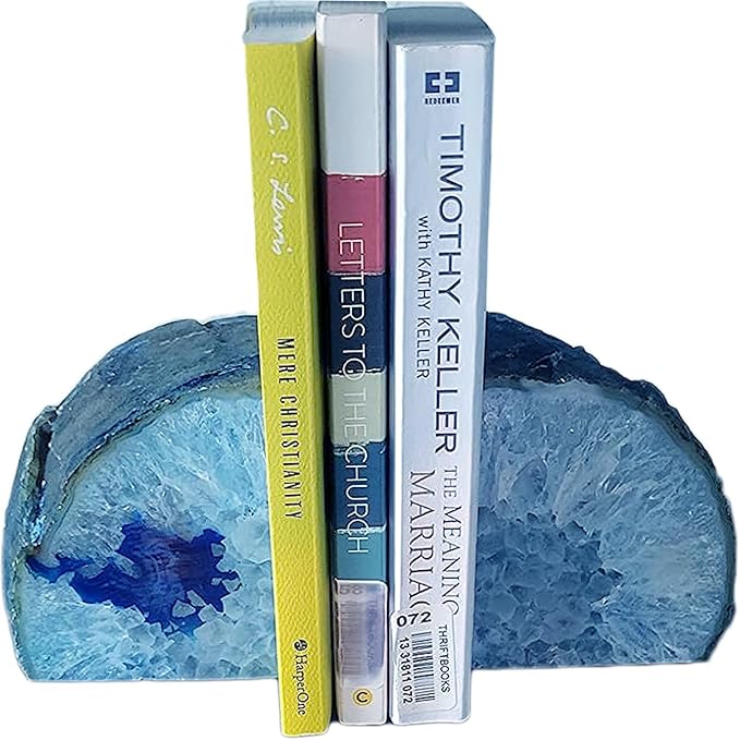 JIC Gem Blue Agate Bookends Geode Book Ends for Shelves Decorative Crystal Bookends Heavy Duty Bookend Bookshelf Decor with Rubber Bumpers(1 Pair, 3-4 LBS)