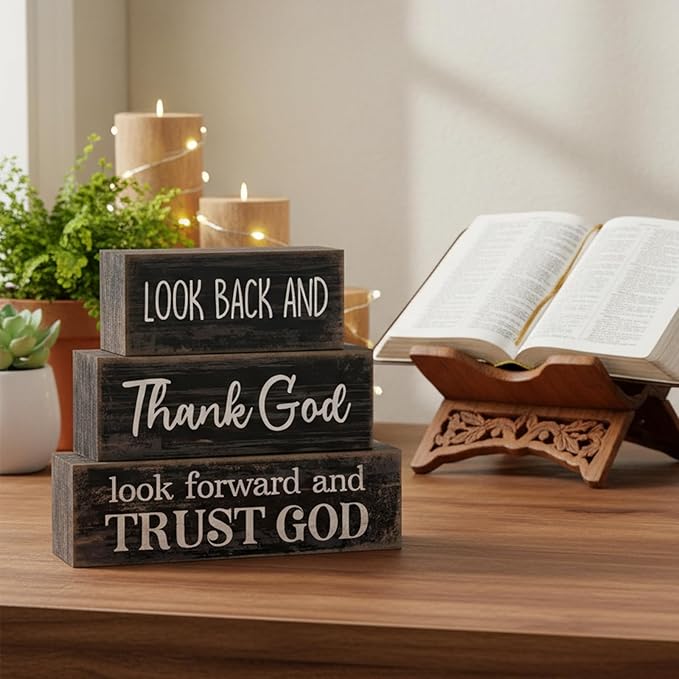 4 Pcs Christian Table Decor Inspirational Gifts for Women Look Back and Thank God Look Forward and Trust God Wooden Block Signs Farmhouse Christian Centerpiece for Mother's Day Home Office