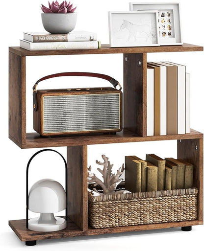 LOKO 3-Tier Geometric Bookshelf, S-Shaped Open Bookcase, Freestanding Decorative Storage Shelving, Home Storage Organizer for Living Room, Bedroom, Home Office (1, Rustic Brown)