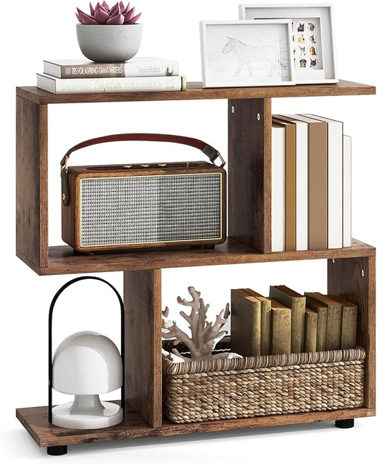 LOKO 3-Tier Geometric Bookshelf, S-Shaped Open Bookcase, Freestanding Decorative Storage Shelving, Home Storage Organizer for Living Room, Bedroom, Home Office (1, Rustic Brown)