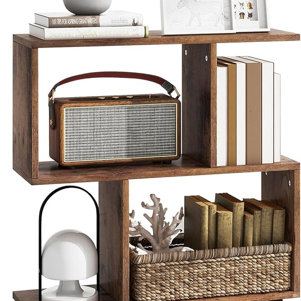 LOKO 3-Tier Geometric Bookshelf, S-Shaped Open Bookcase, Freestanding Decorative Storage Shelving, Home Storage Organizer for Living Room, Bedroom, Home Office (1, Rustic Brown)