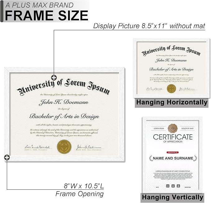 A PLUS MAX White 8.5 x 11 Frame Set of 2, Engineered Wood Frame with Wood-grain for Display 8.5 by 11 Document Award Certificate Wall and Tabletop - 2 Pack/White/8.5x11