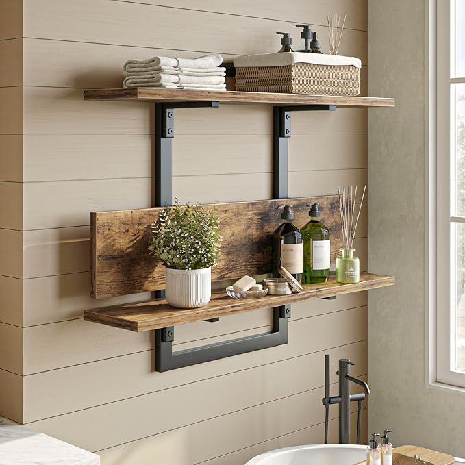 Bestier Floating Shelves for Wall, 32 inch Kitchen Shelves Wall Mounted, 3 Tier Coffee Bar Shelf with Foldable Brackets, Industrial Display Shelf for Bathroom, Living Room, Rustic Brown