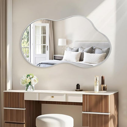 JJUUYOU Bathroom Wall Mirror Irregular Mirrors for Wall Large Metal Frame Hanging 26"x47" Vanity Wall Mounted Mirror for Living Room Bedroom Entryway Vanity Home Decor Silver